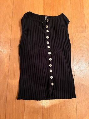 Free People Black Ribbed Button-Front Tank